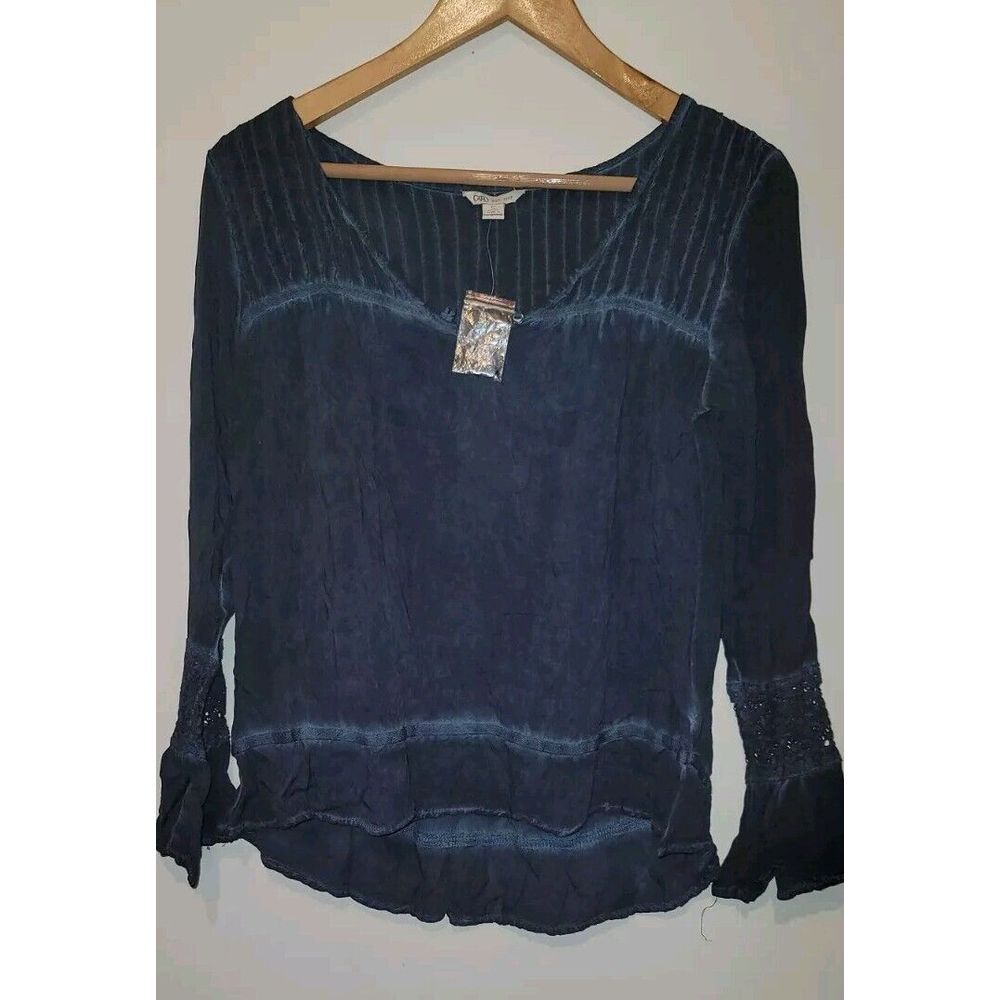 CATO Navy Crinkle Shirt EMBROIDERED Tunic Top Size Small‎ Womens Hombre V Neck